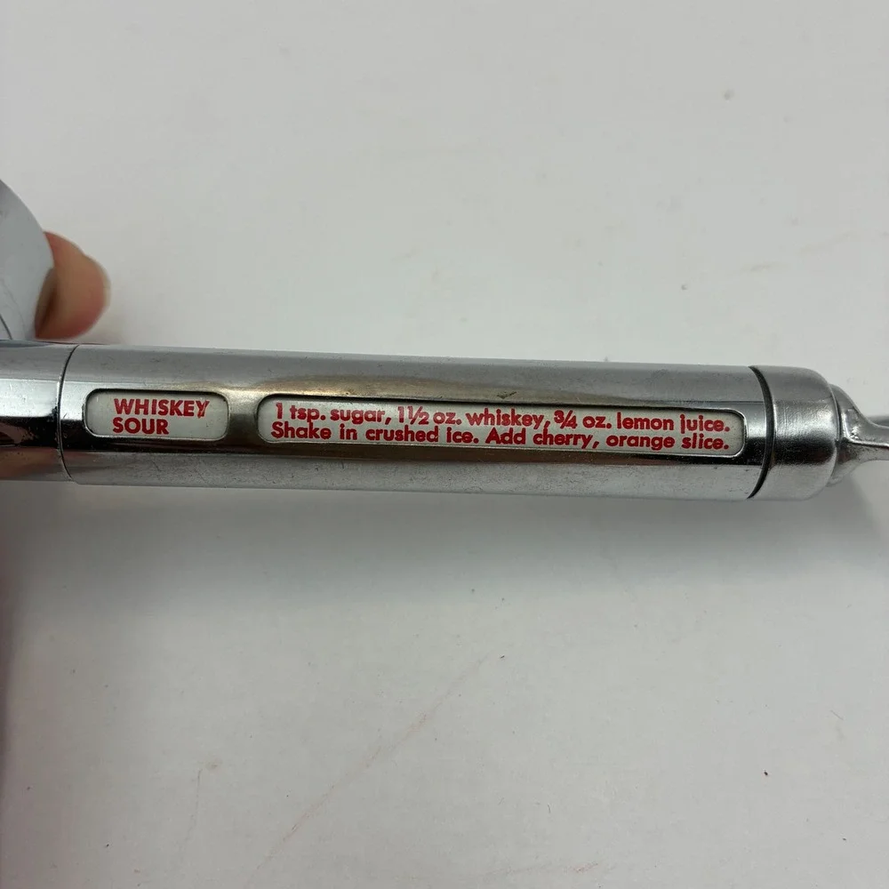 Vintage Chrome Hammer Bar Tool Jigger Bottle Opener Rotating Recipe Guide 6.5 in
